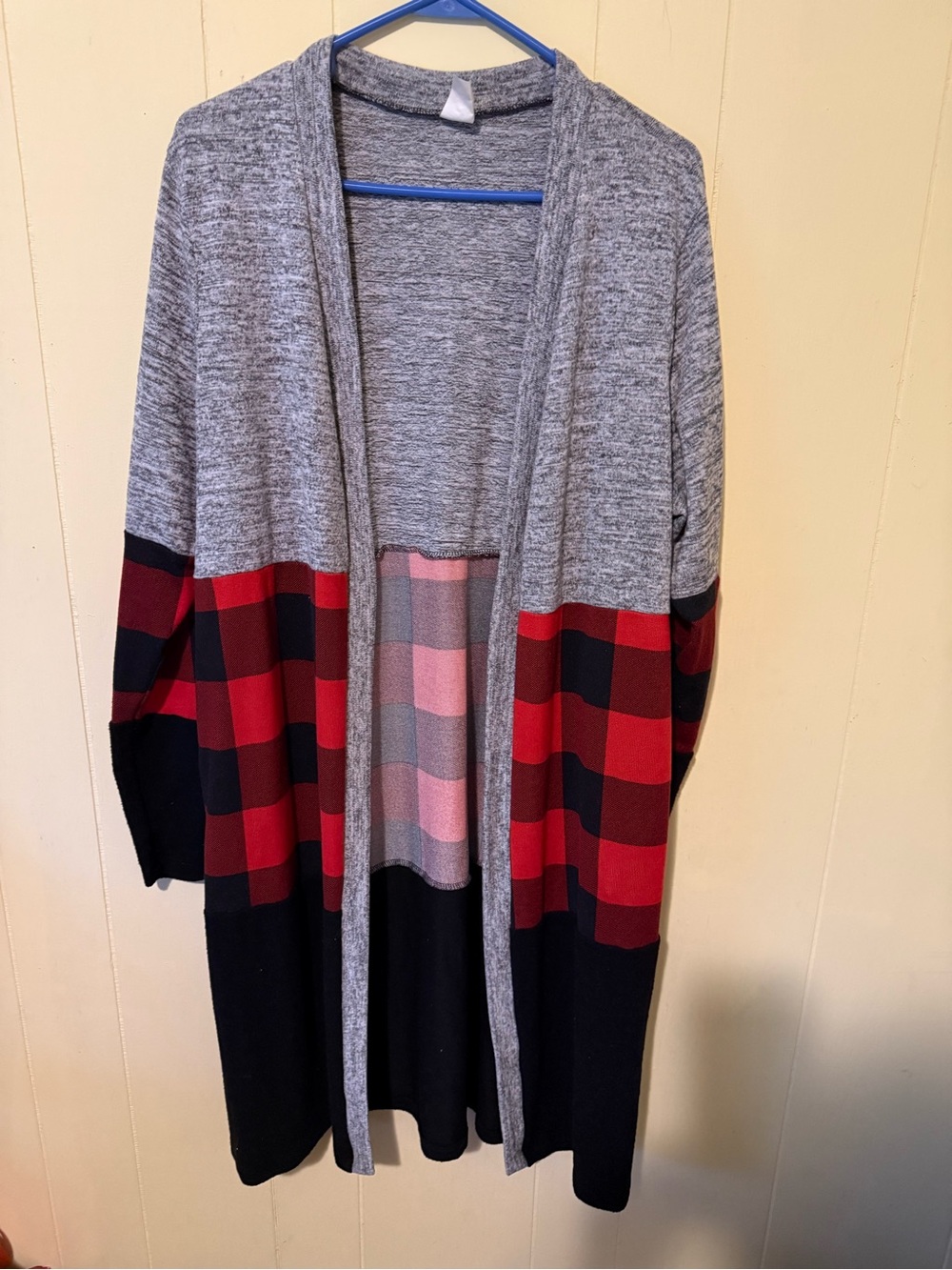 Cozy Open-Front Plaid Block Cardigan - Gray and Red